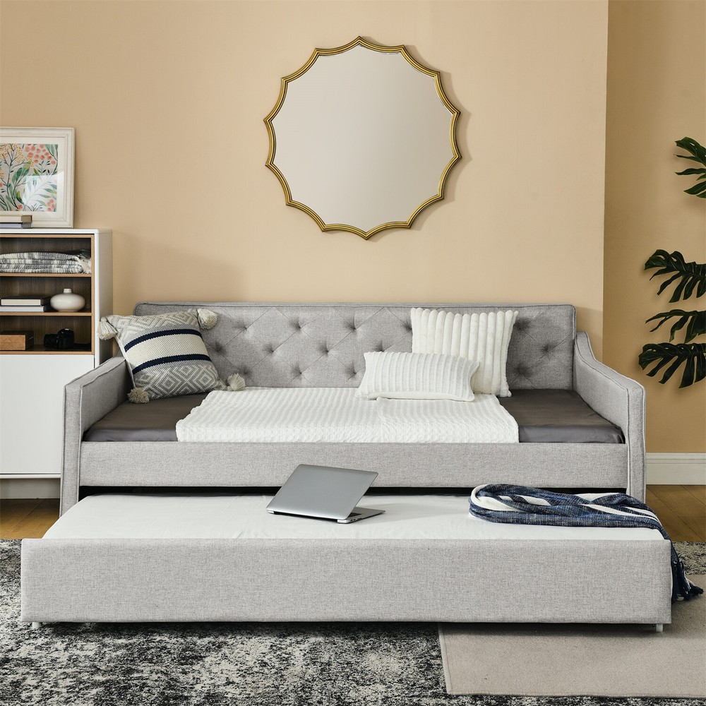 Full Size Daybed w/ Pull-Out Trundle Bed Linen Upholstered Bed Frame Sofa Bed US