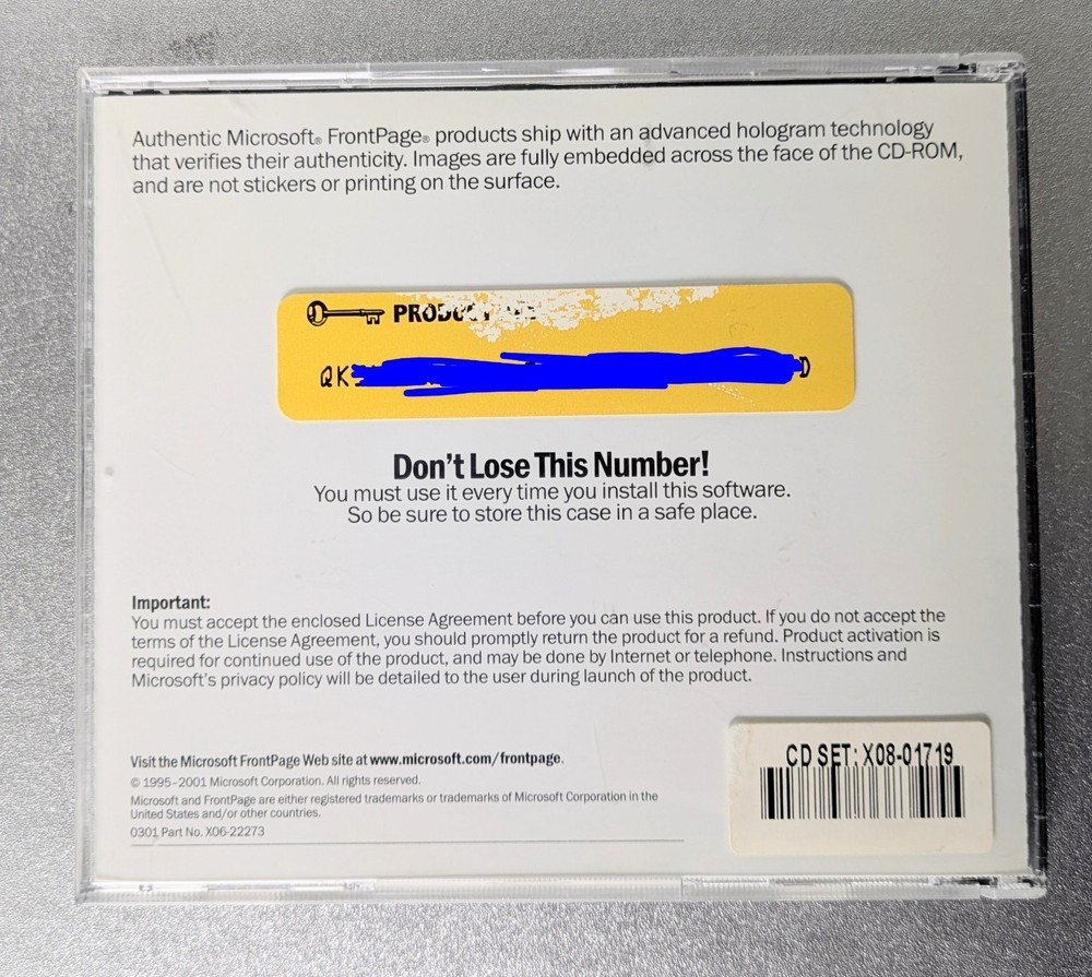 Microsoft Front Page 2002 CD-ROM Software Windows Web Site Creation Product Key