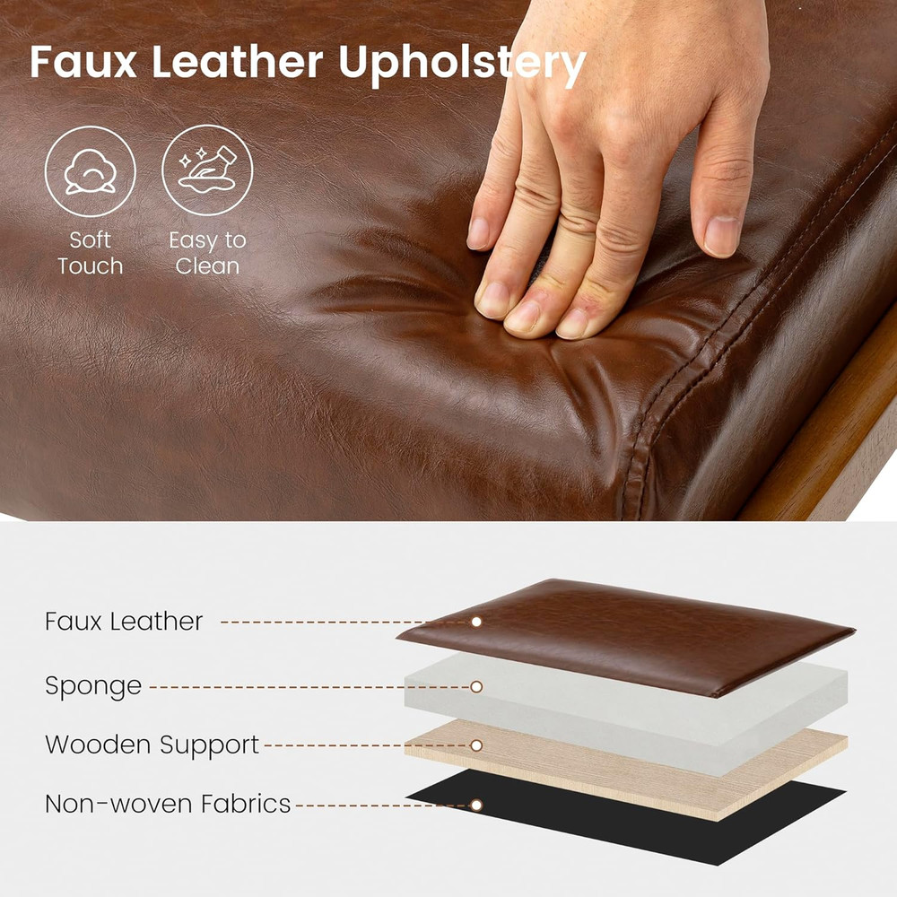Rectangle Ottoman Bench, Modern Coffee Leatherette Footstool with Walnut Rubberw