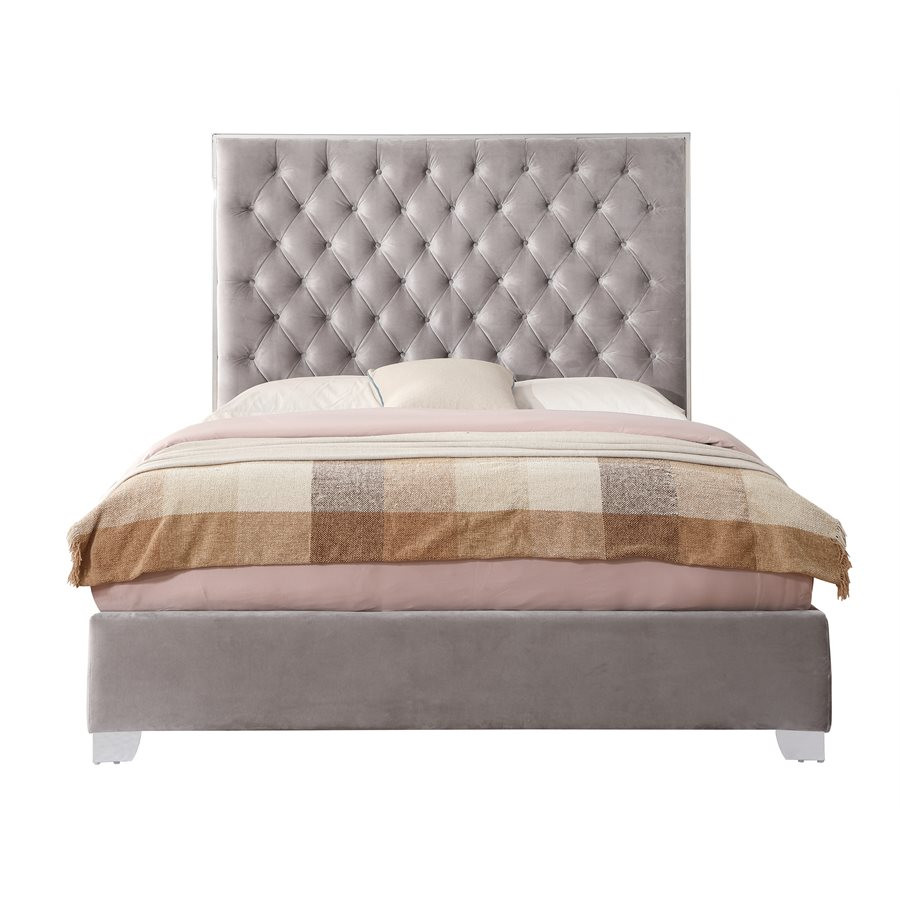 LACEY Complete Upholstered Queen Bed; Gray; Luxurious; Button Tufts