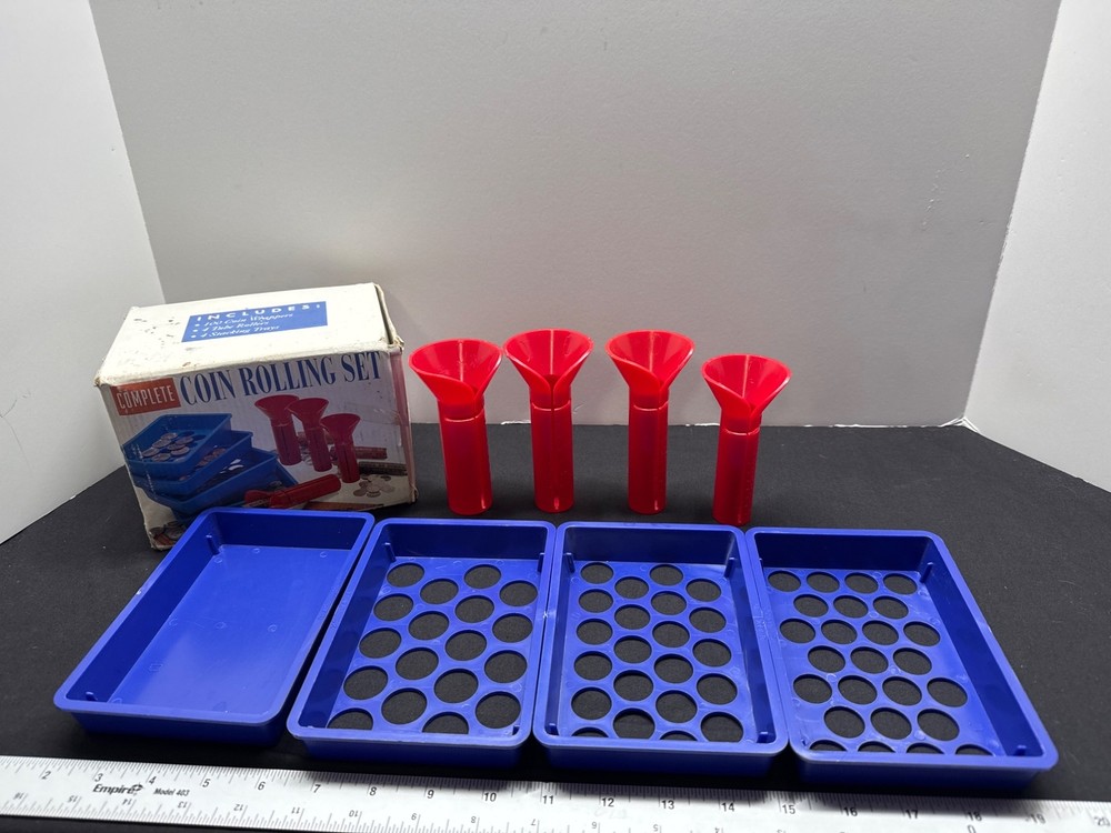 Complete Coin Rolling Set With Red Tubes & Blue Trays For Sorting And Wrapping C