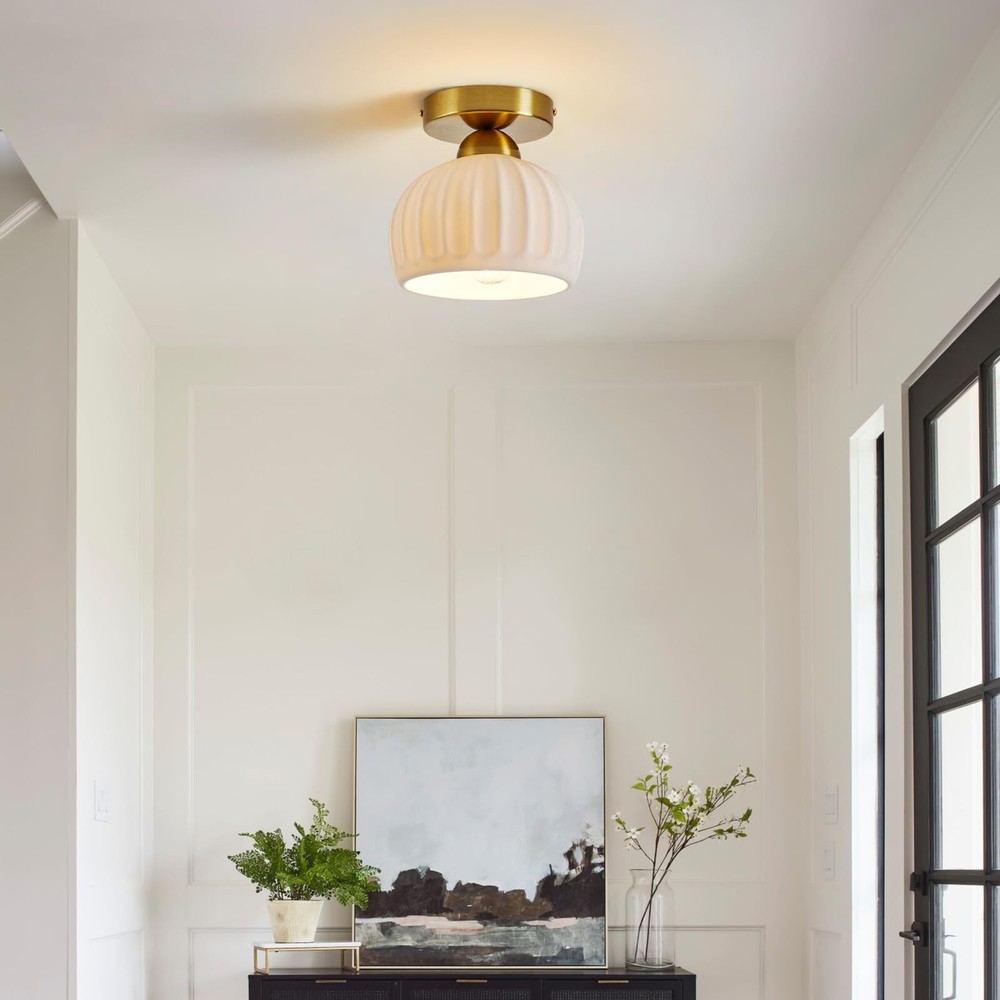 2-Pack Semi Flush Mount Ceiling Light - Ceramic Hallway Light Fixtures,Gold C...
