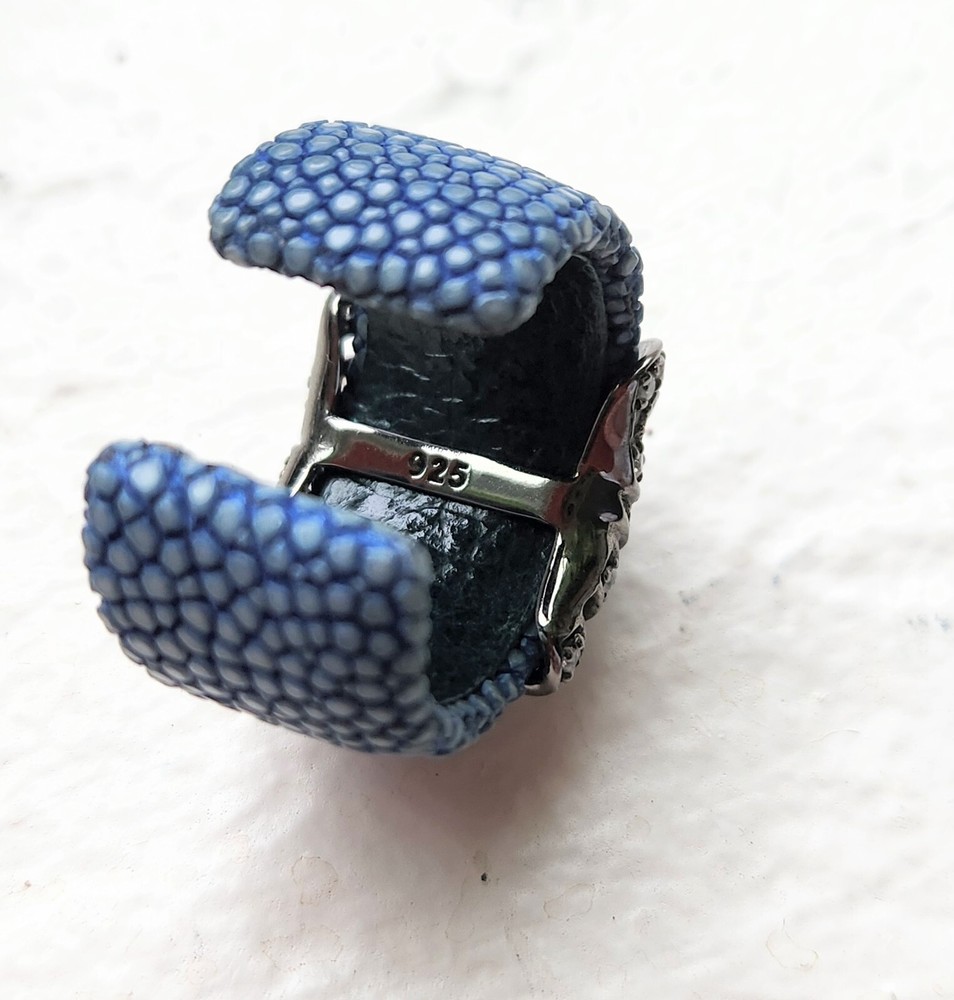 BLUE STINGRAY LEATHER, OXIDIZED STERLING SILVER, WTITE TOPAZ Adjustable Ring