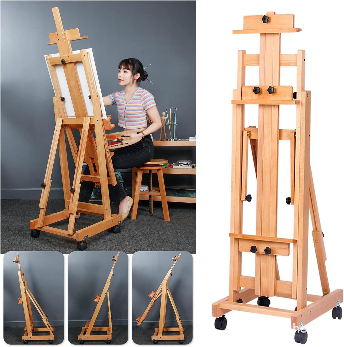 87 Inch Wood Studio Artist Easel Beech Wood Painting Art Easel Standing H-Frame