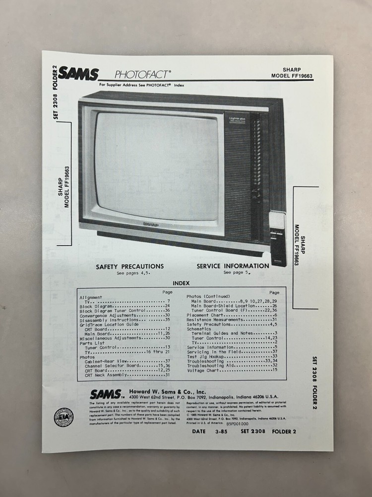 Sharp FF19663 Service Manual Sams Photofact Free Shipping