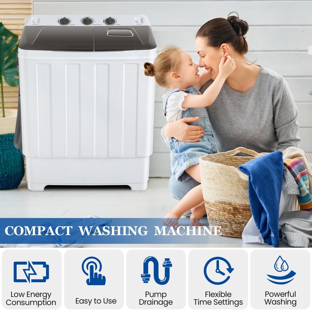 Semi-Automatic Washing Machine 30lbs Twin Tub Washer Dryer Combo w/ Drain Pump-