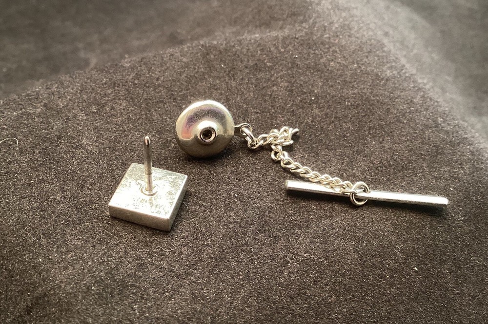 Very Nice Silver Tone Smooth Square Tie Tack With Cutouts