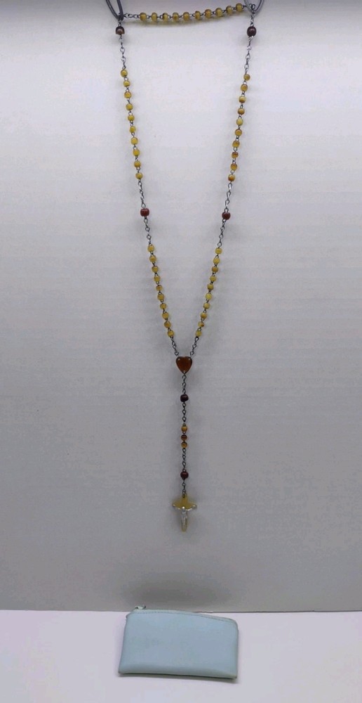 Handmade Catholic Rosary Celluloid Figure Crucifix Holding Pouch Ireland 16"