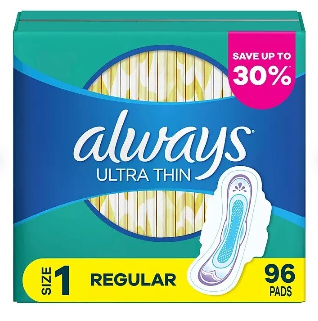 Always Ultra Thin Regular Pads with Flexi-Wings, Unscented, Size 1, 96 Ct.