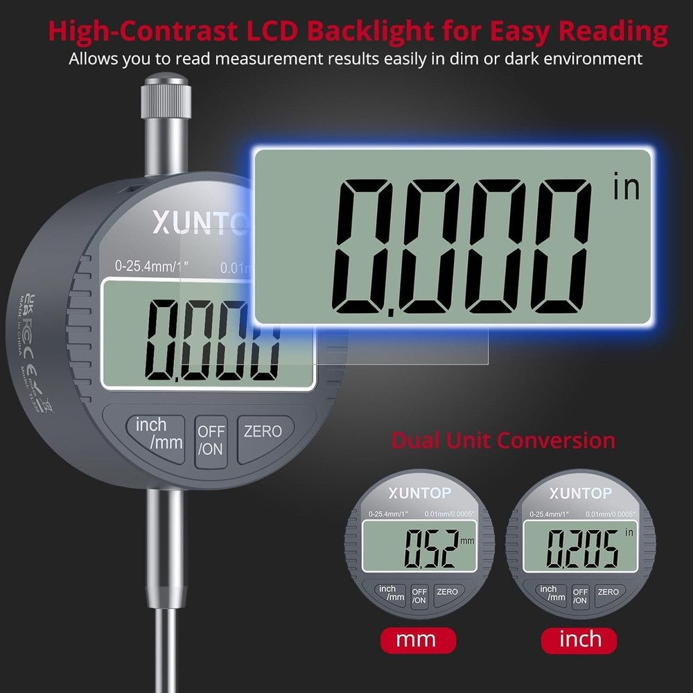 Digital Dial Indicator 1inch/0.0005inch LCD Display Electronic Dial Test Indi...