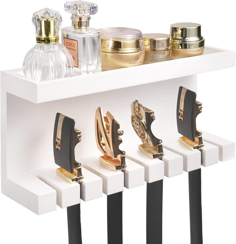 Belt Storage Organizer with Double Shelving Platform, Wall Mount Hanger Rack for