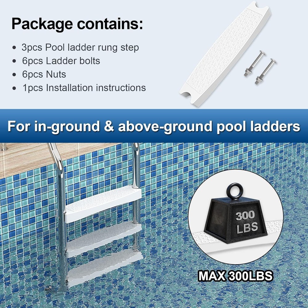 Pool Ladder Steps Replacement, (3-Pack) 18" Universal Heavy-Duty Molded Plastic