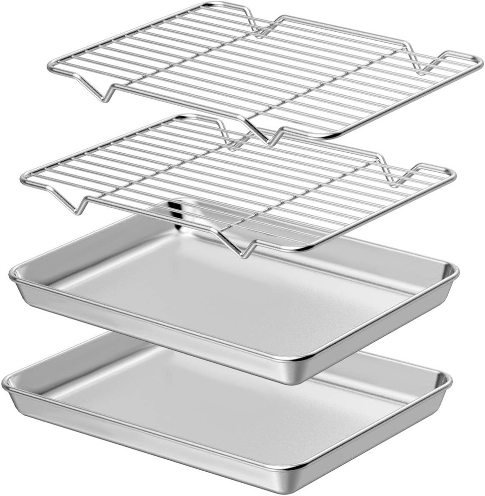Wildone Baking Sheet with Rack Set [2 Sheets + 2 9 x 7 x 1 inch, Silver