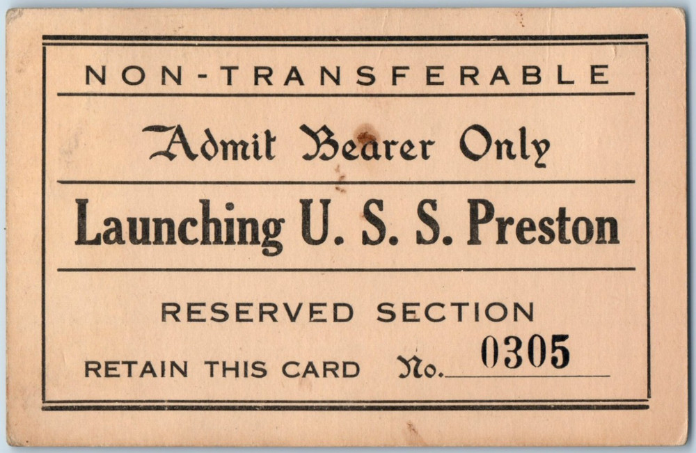 1943 U.S.S. Preston Navy Launch Event Ticket WWII Card P196