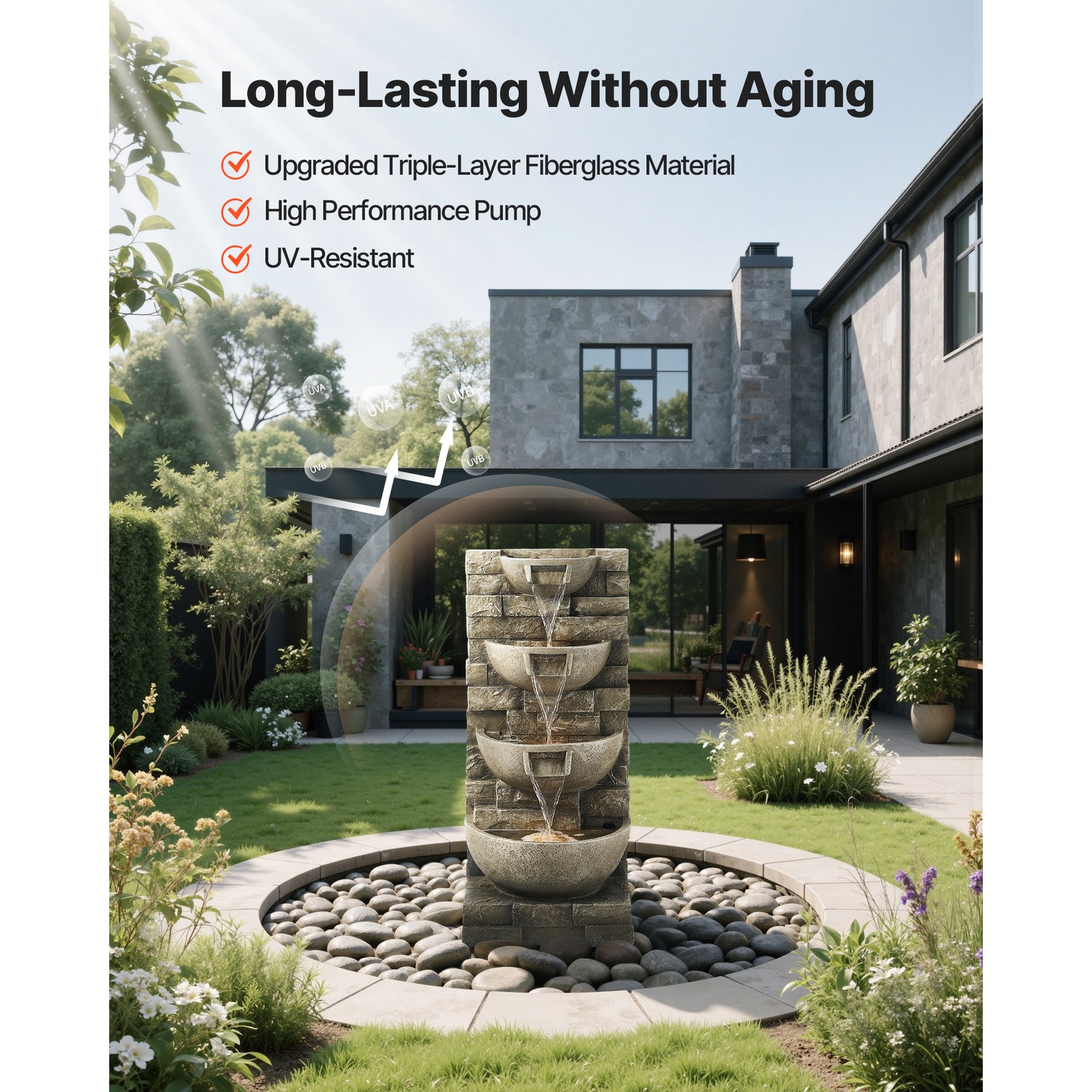 35.63" Outdoor Water Fountain with LED Light 4-Tier Yard Garden Stand Fountain