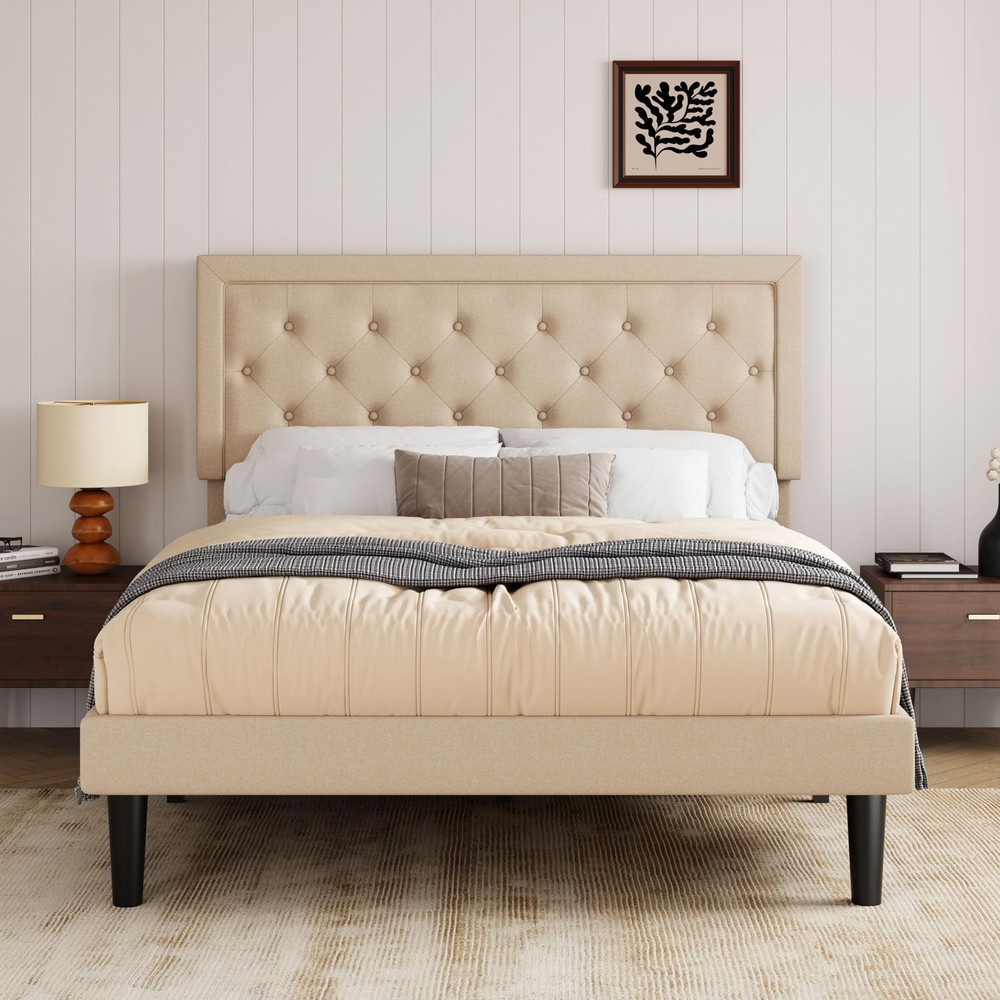 Queen Size Button Tufted/Fabric Upholstered Bed Frame with Adjustable Headboa...