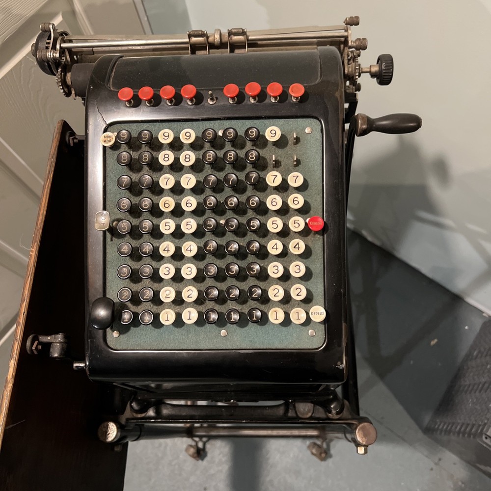 1920’s Burroughs Adding Machine Tape Register, Glass Side Keyboard 9 With Stand