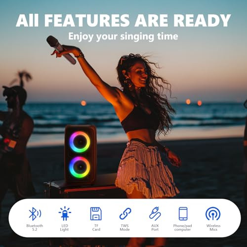 Karaoke Machine, Portable Bluetooth Speaker with 2 Wireless Karaoke