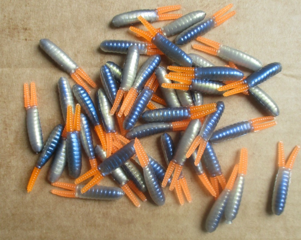 50 BLUE SHAD ORANGE TIPS 1.5" Split Tail BEETLES Panfish Baits BEETLE SPIN GRUBS