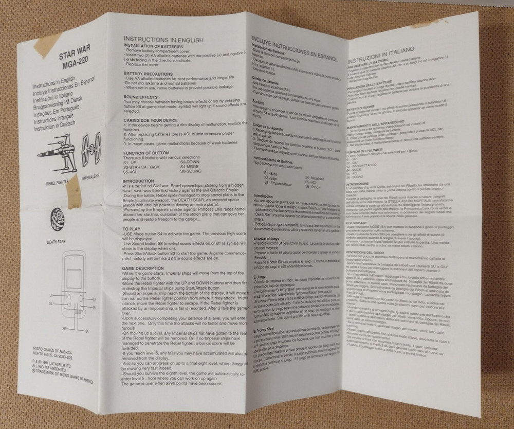 Star Wars Micro Games Instructions: Star Wars/Empire Strikes Back/Return Jedi
