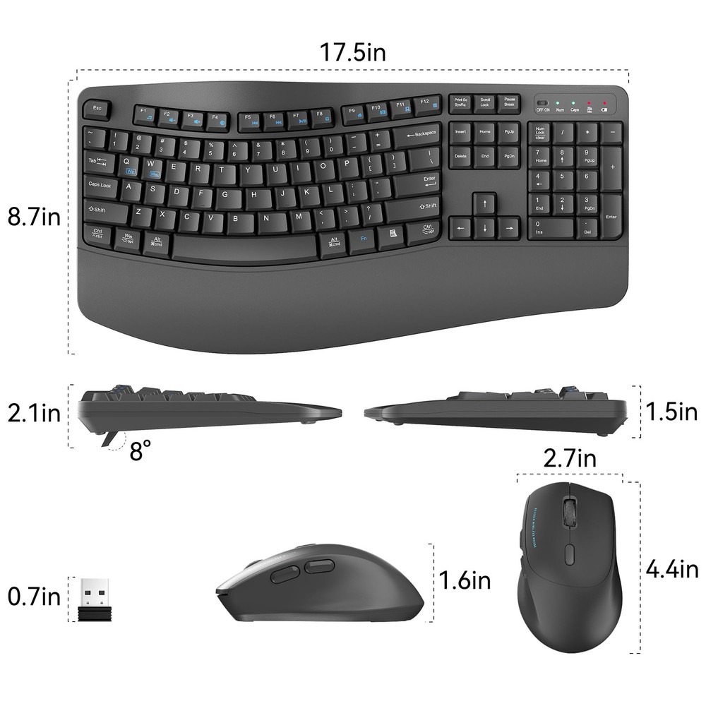 Wireless Keyboard and Mouse Combo,2.4G Full Size Wave Keys Ergonomic Keyboard...