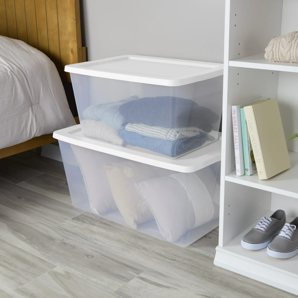 58 Qt Storage Box 8 Pack Clear Plastic Bin, White Snap Lid Stackable