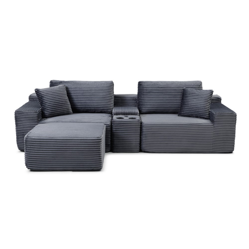 Grey Corduroy Sleeper Sofa Bed, Sectional w/ Storage & USB, No Assembly