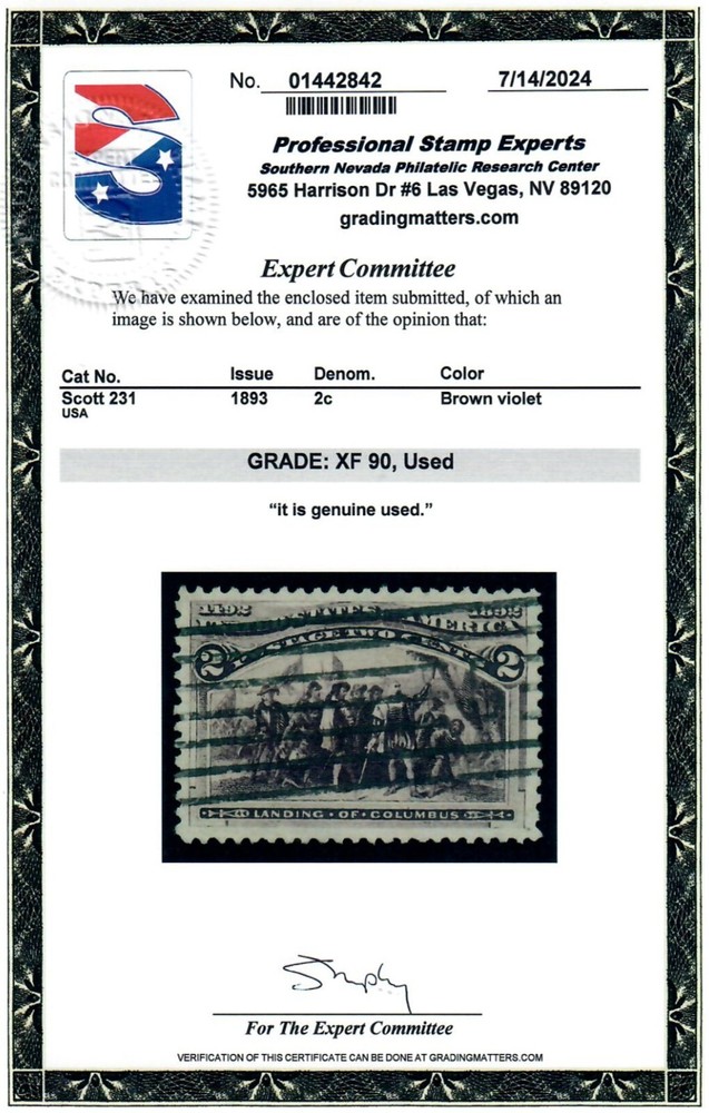 Scott 231 Used Premium Example PSE Graded XF 90