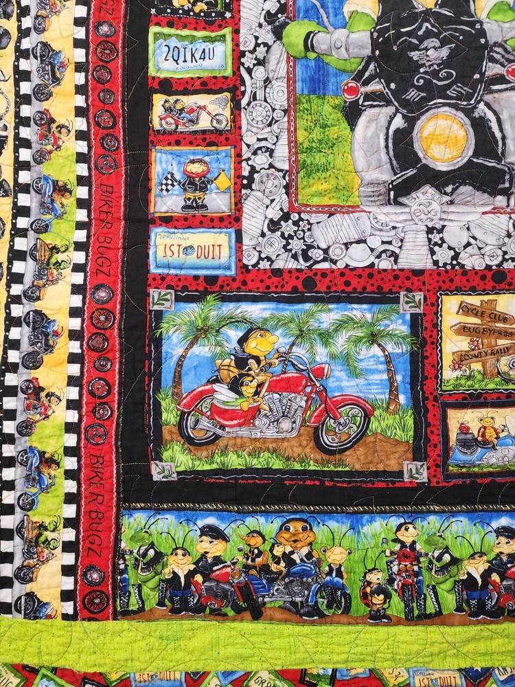 Vintage Motorcycle Biker Bugz Patchwork Reversible Quilt Throw 51" x 60"