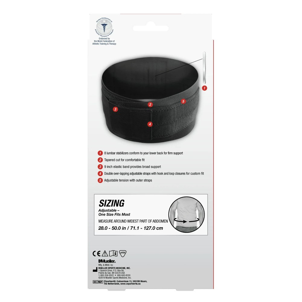 Mueller Adjustable Back Brace, Black, One Size Fits Most