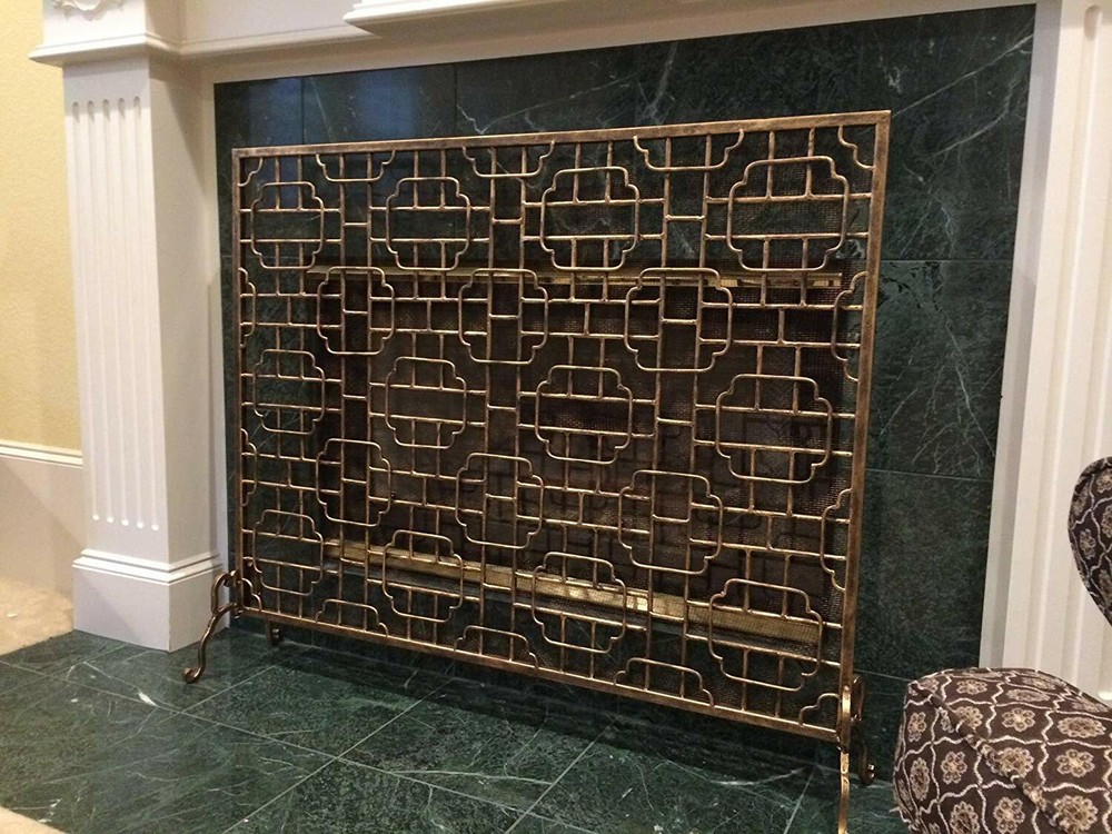 Elegant Geometric Single Panel Flat Fireplace Screen Grid Pattern Firescreen