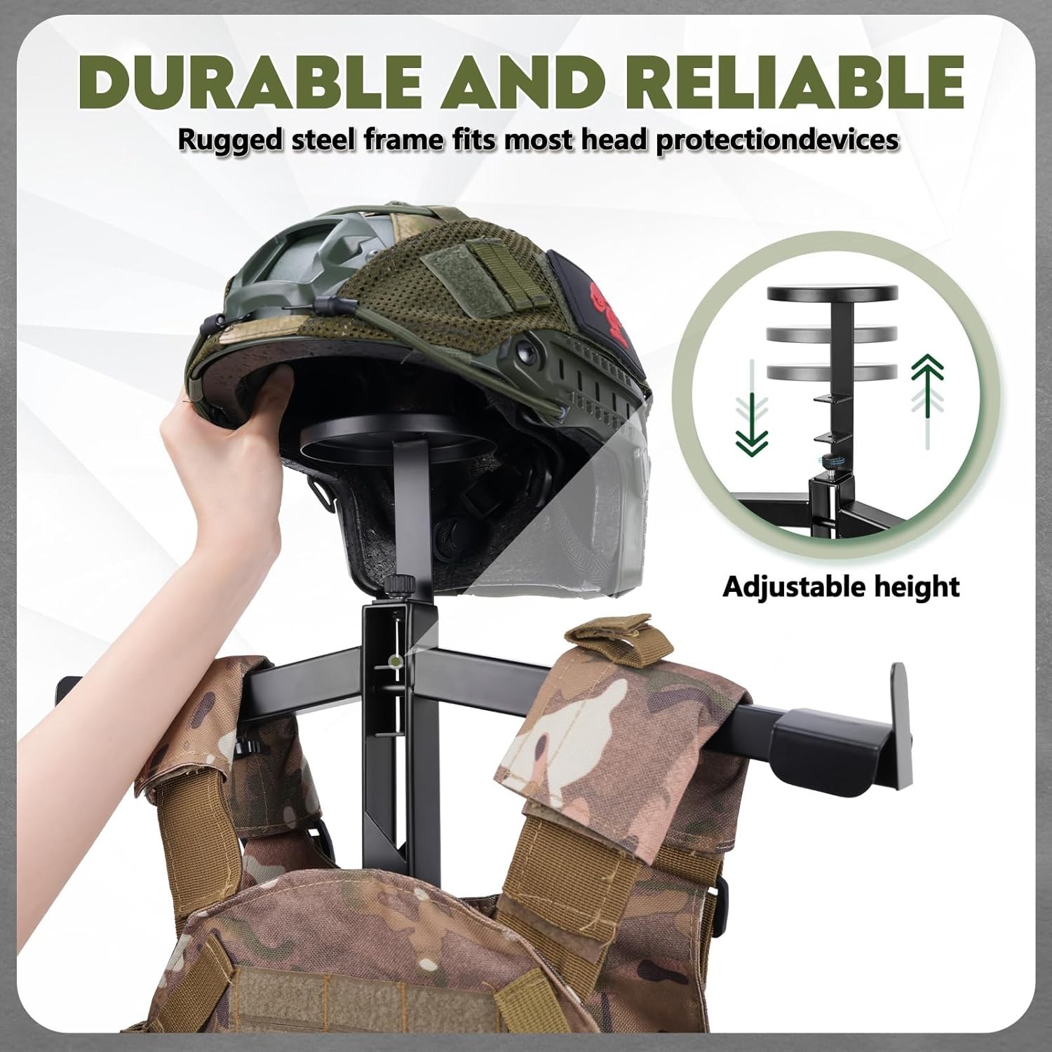 Tactical Gear Stand Helmet Vest Belt Display Rack, Heavy Duty Steel Vest Hanger