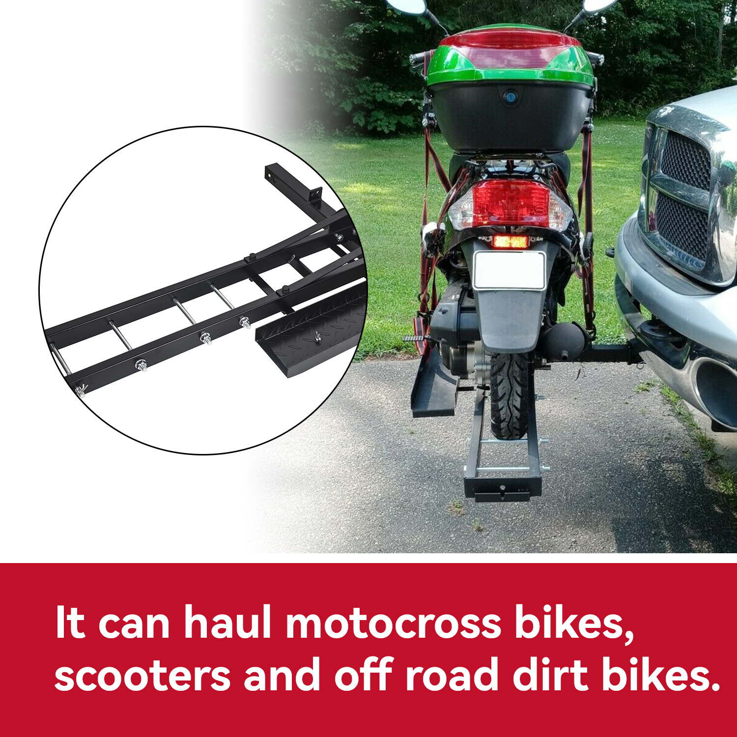 Black Motorcycle Scooter DirtBike Carrier Hauler Hitch Mount Rack Ramp Anti Tilt