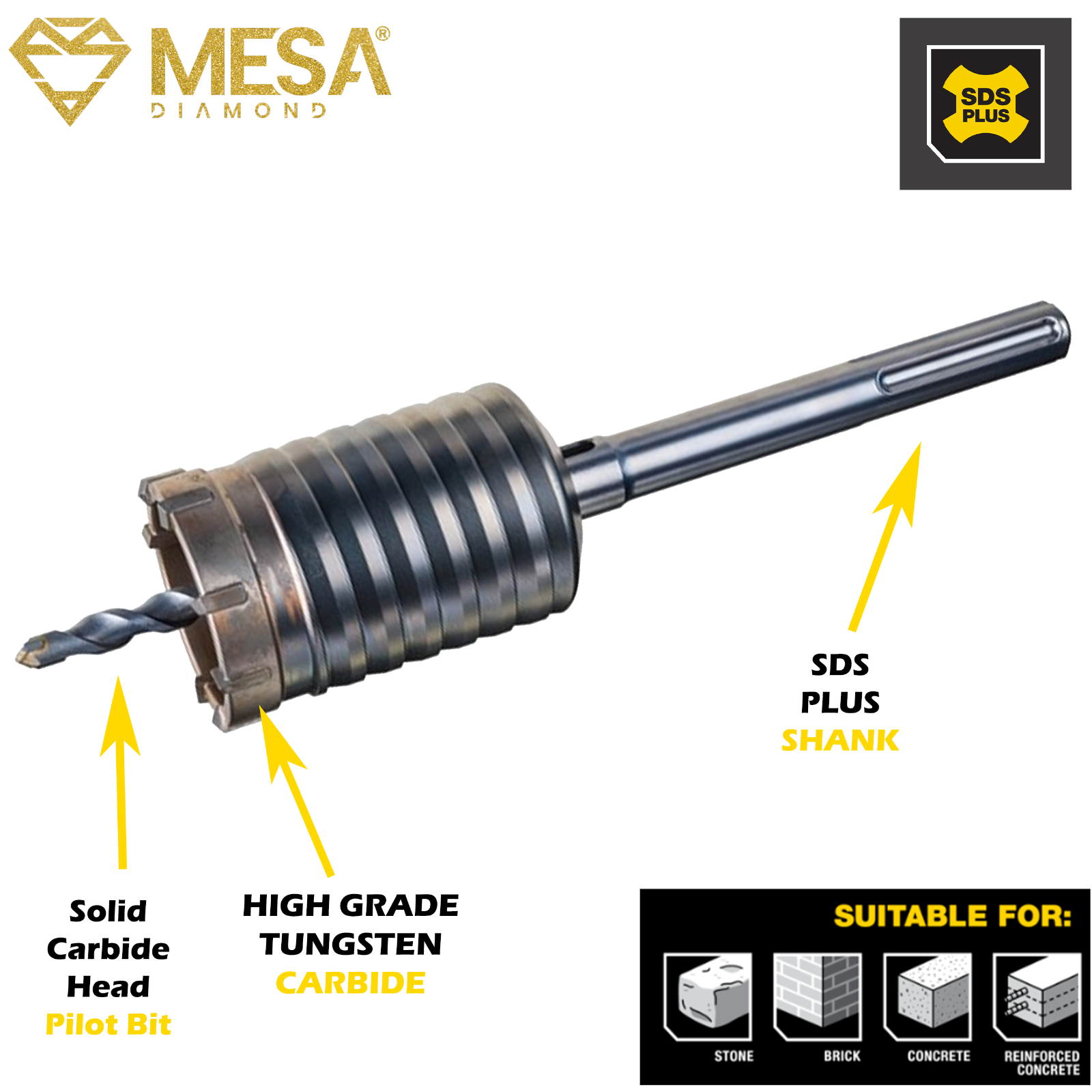 CARBIDE Tipped Rotary Hammer SDS PLUS or MAX Core Bit for Concrete MESA DIAMOND®