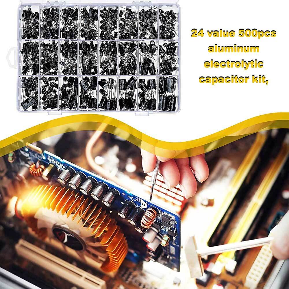 500pc Radial Electrolytic Capacitor Assortment Kit 24 Value 0.1uF-1000uF 10V-50V