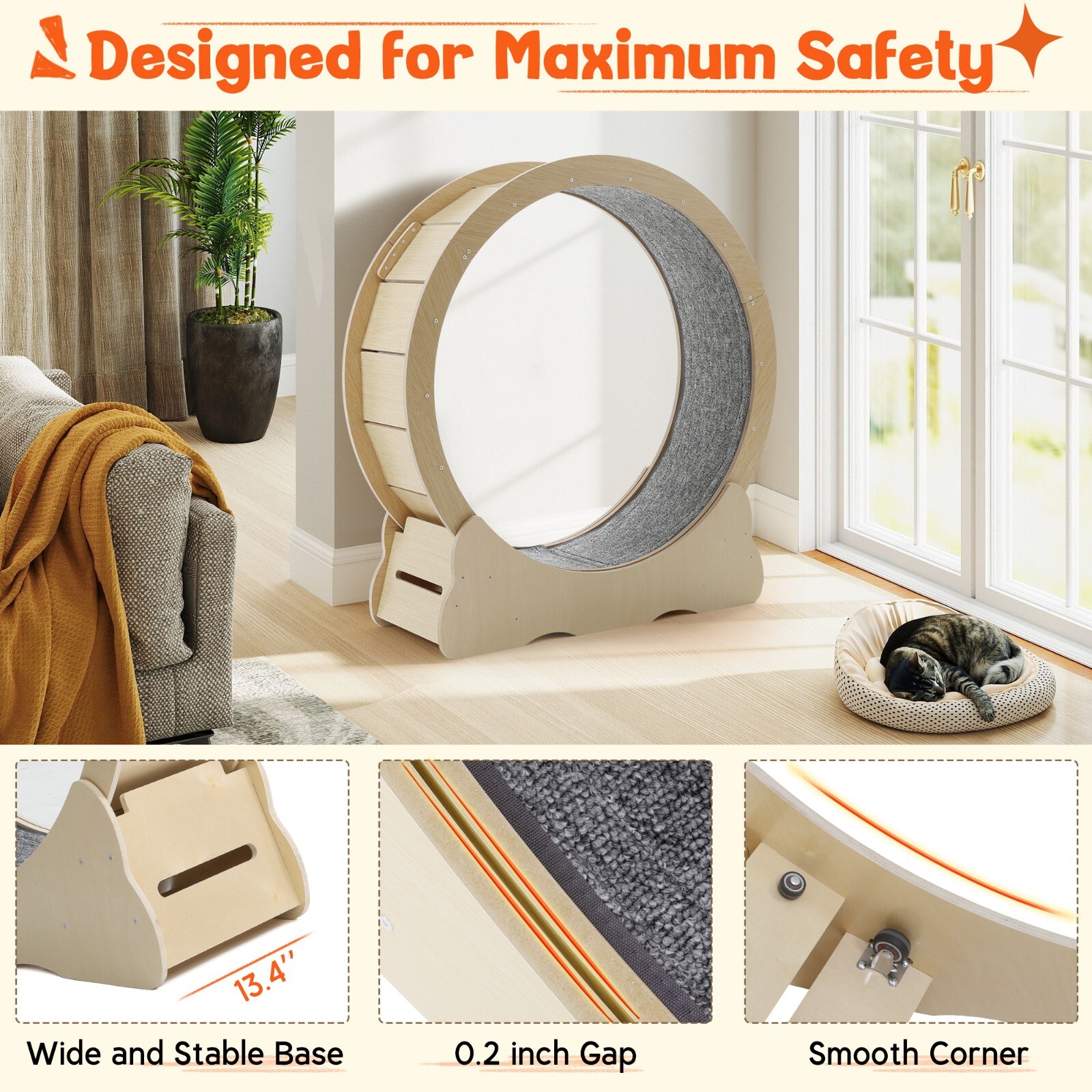 Large 46'' Wooden Cat Exercise Wheel Cat Treadmill Cat Running Wheel Silent Toy