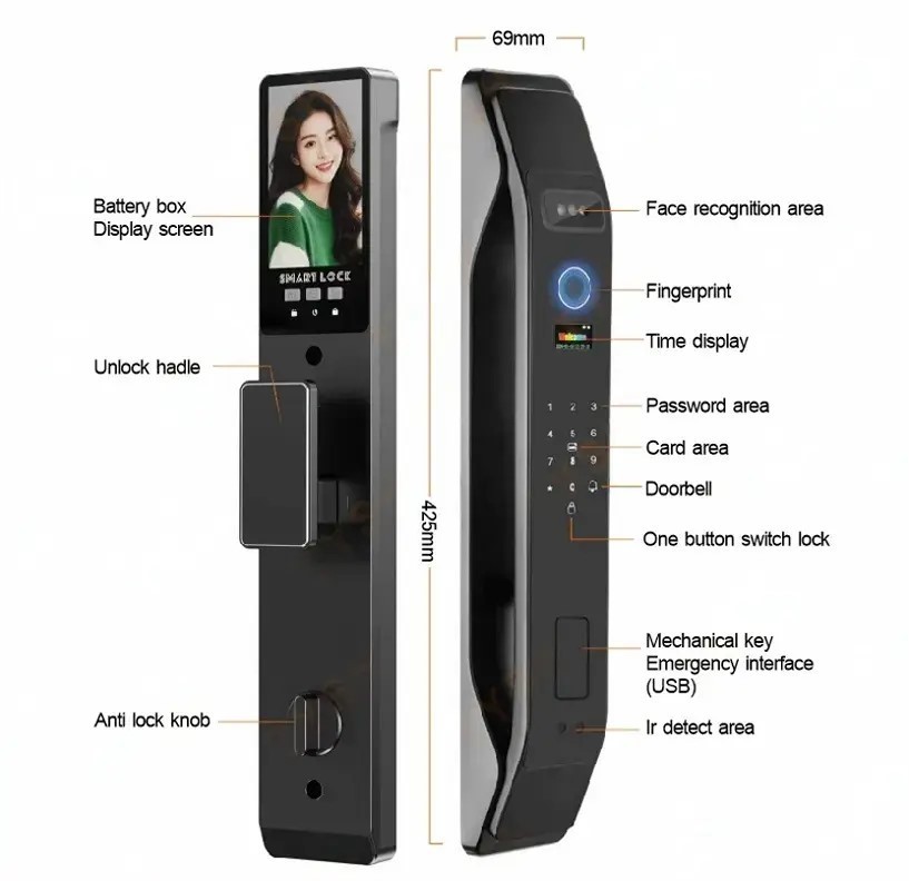 3D Face Recognition Fingerprint Password Smart Door Lock with Camera Security