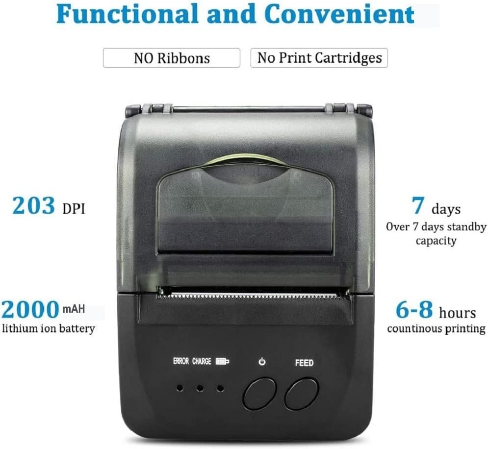 Bluetooth Receipt Printer, 58mm Mini Thermal POS Printer Portable Personal Bi...