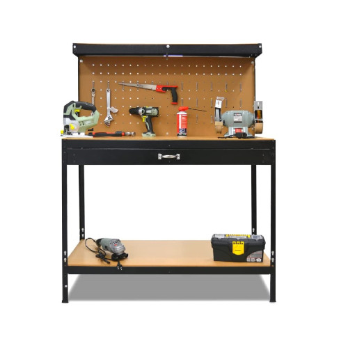 Painted steel workbench with tool holder panel