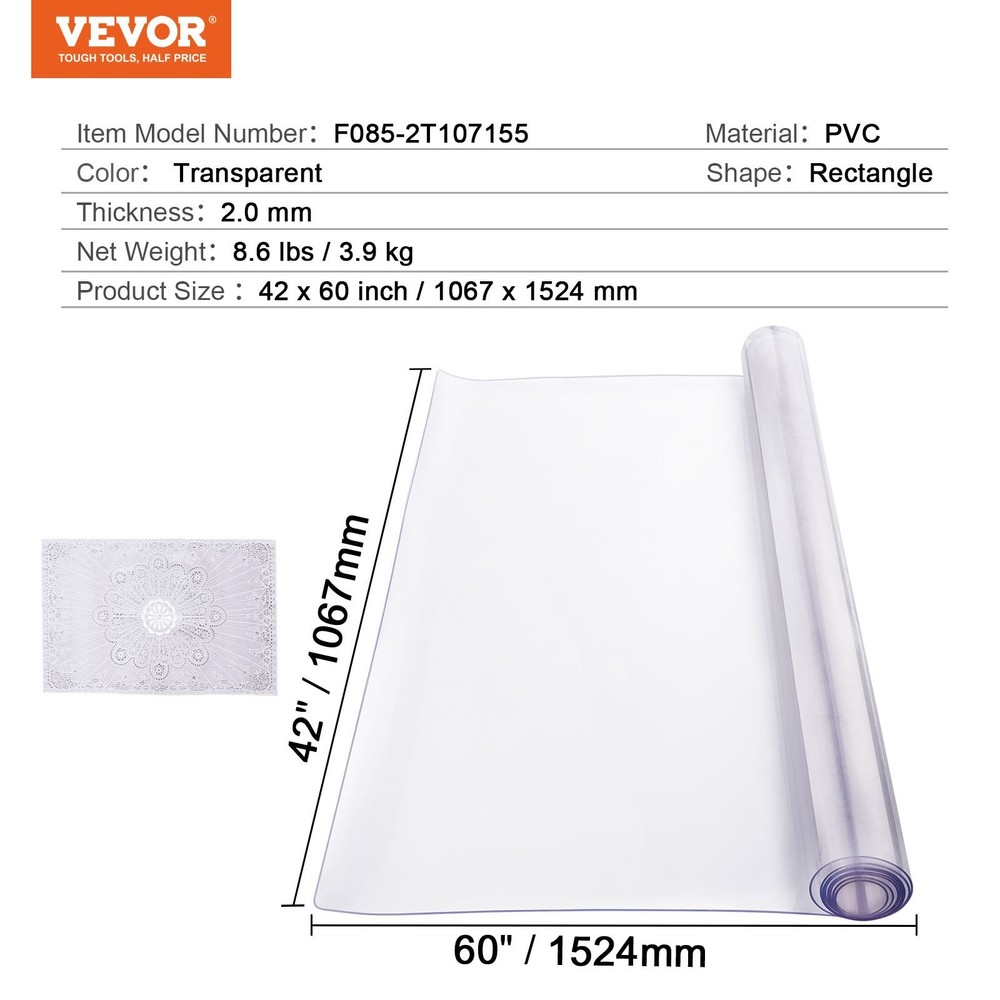 Plastic Table Cover, 42 x 60 Inch 2.0 mm Thick Clear Table Protector, Rectangle
