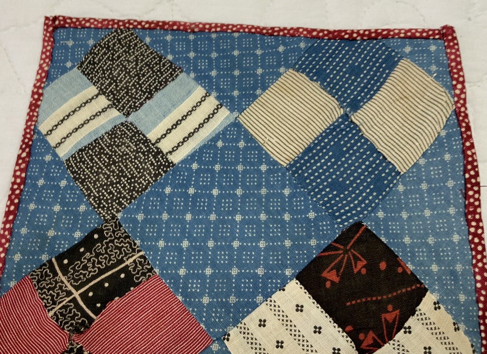 Vintage Antique Patchwork Quilt Table Topper, Four Patch, Blue, Multi