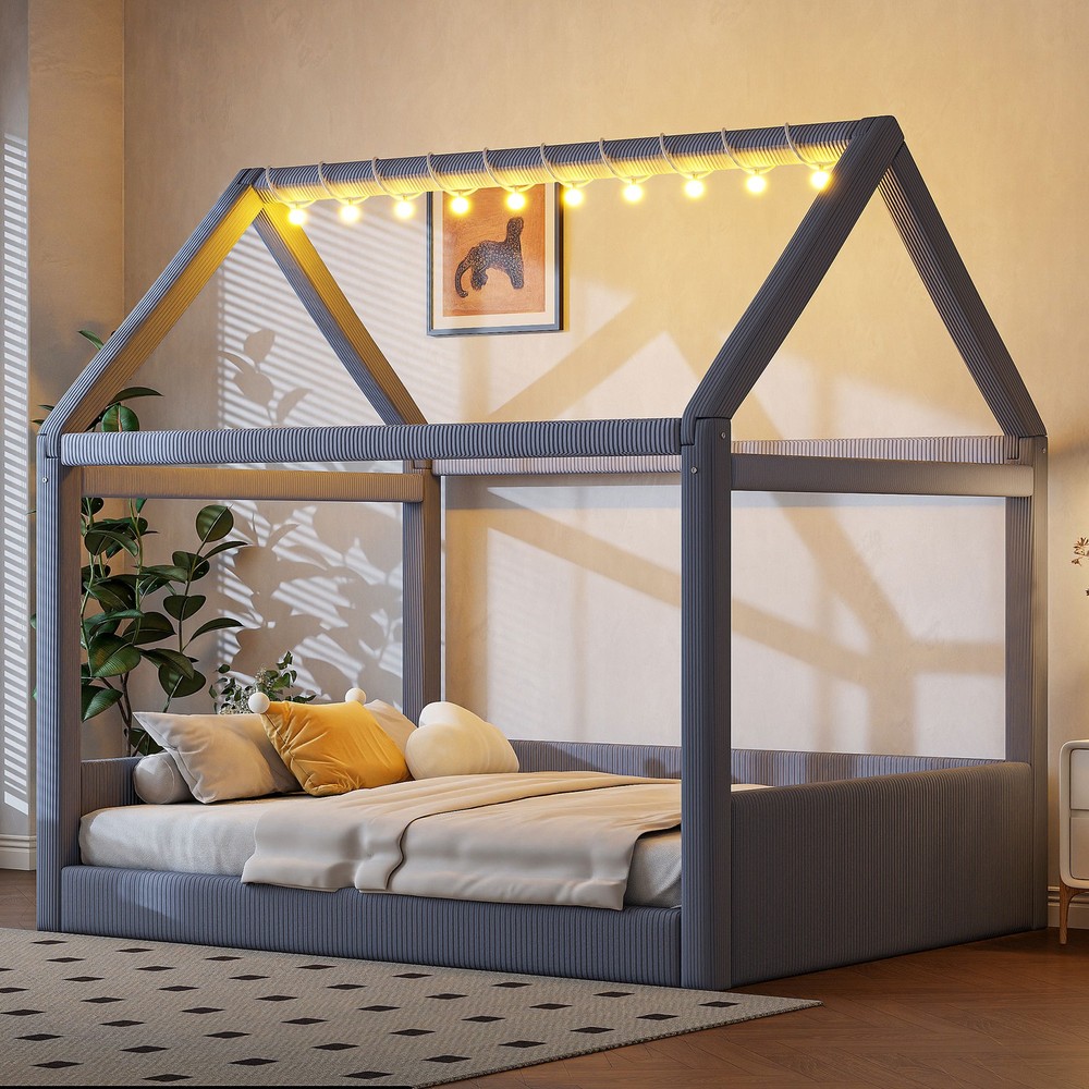 Full Size Upholstered House Daybed with LED Light Strips,Grey