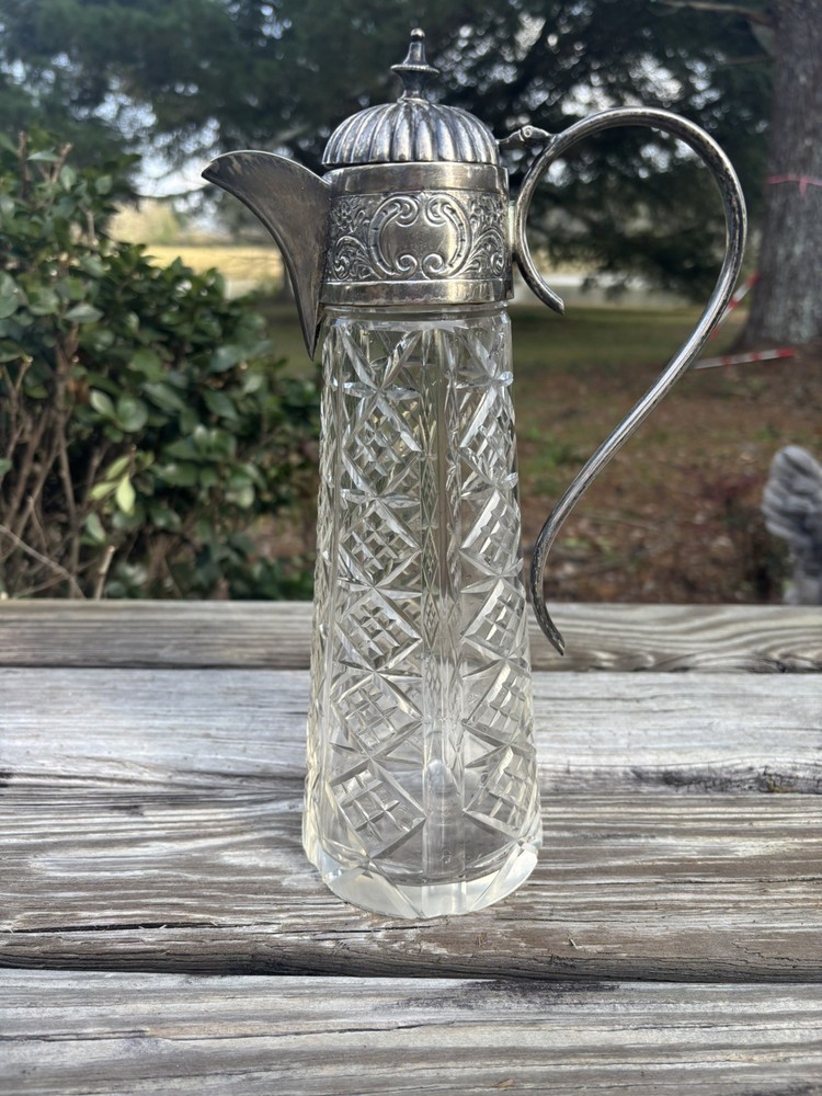 1920’s Cut Glass Claret Jug With Silver Plate Top