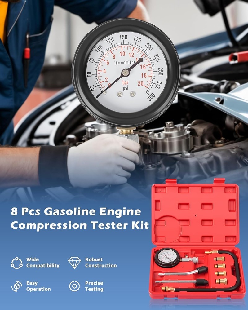 Compact Petrol Engine Compression Tester Kit with Adapters for Various Vehicles
