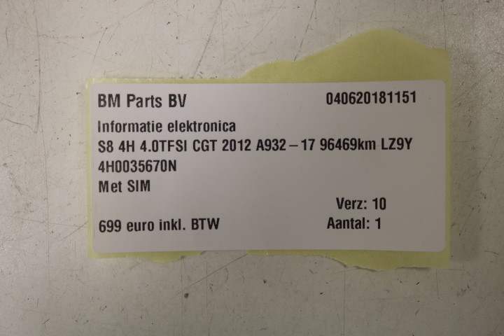 AUDI A8 S8 4H COMPUTER NAVIGATION MAIN UNIT SIM 3G + CONTROL UNIT 4H0035670N