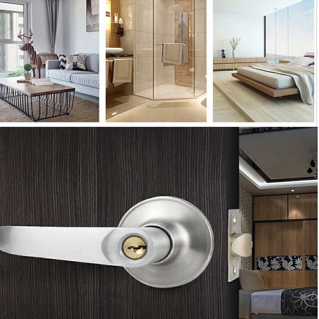 Entry Door Lever Lock Set Privacy Keyed Knob Lockset Handle+3 Keys Satin Nicke ~