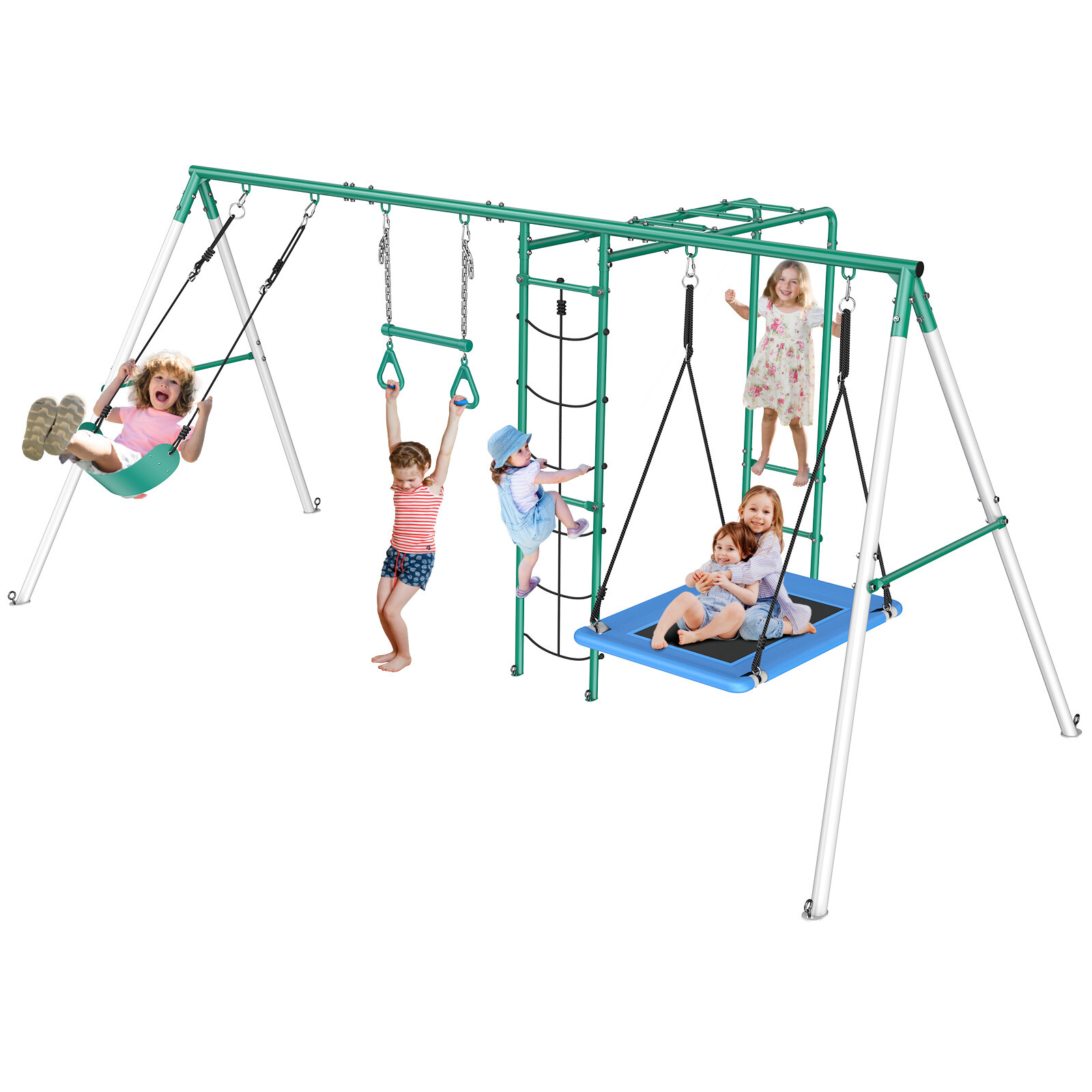 Heavy Duty Kids Metal Swing Set with 2 Swings Ladder and Monkey Bar for Backyard