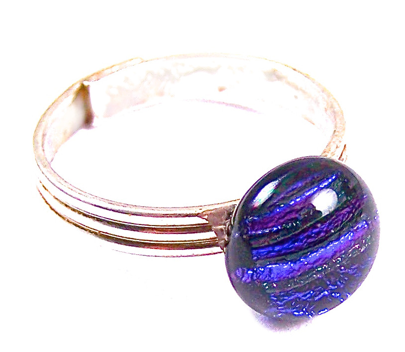 Dichroic Glass Ring Adjustable Blue Cobalt Striped Patterned Dot Tiny 1/4" 7mm