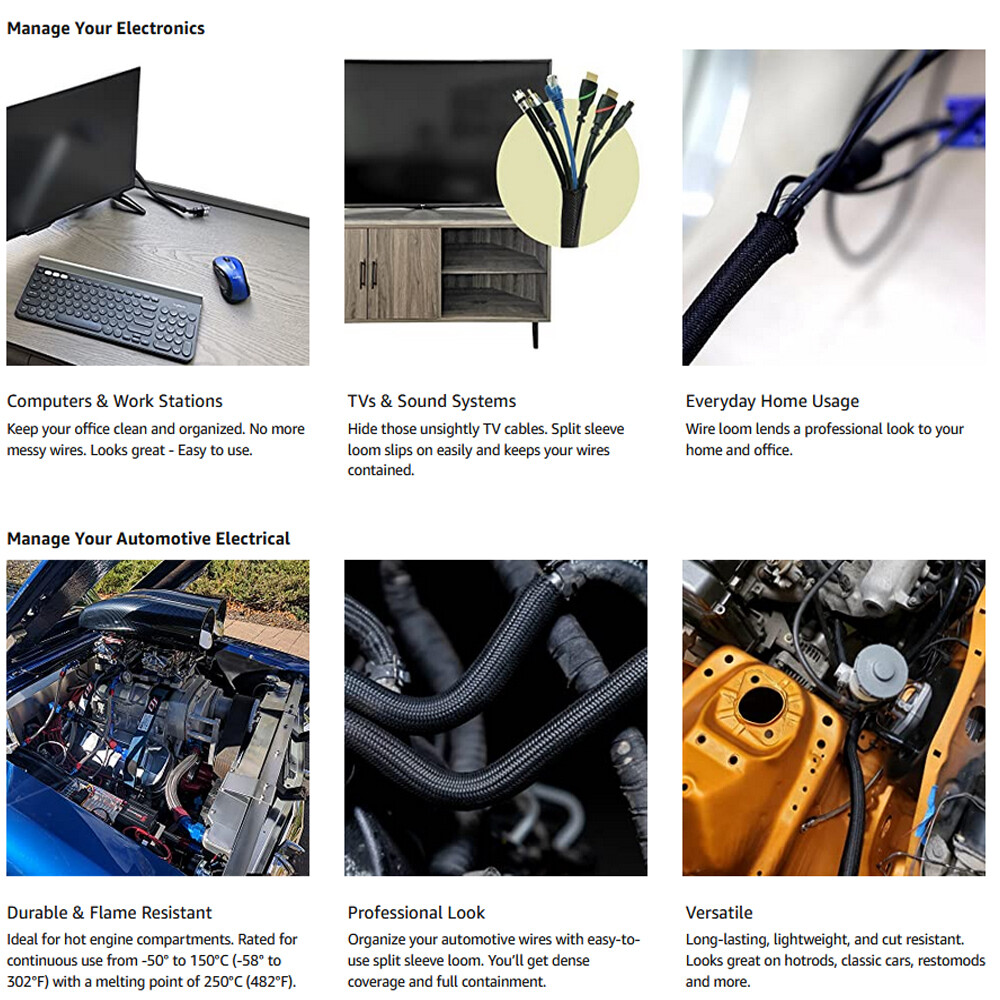 Split Wire Loom, Braided Cable Sleeve Cover Wrap, Cord Protector Reduce Damage