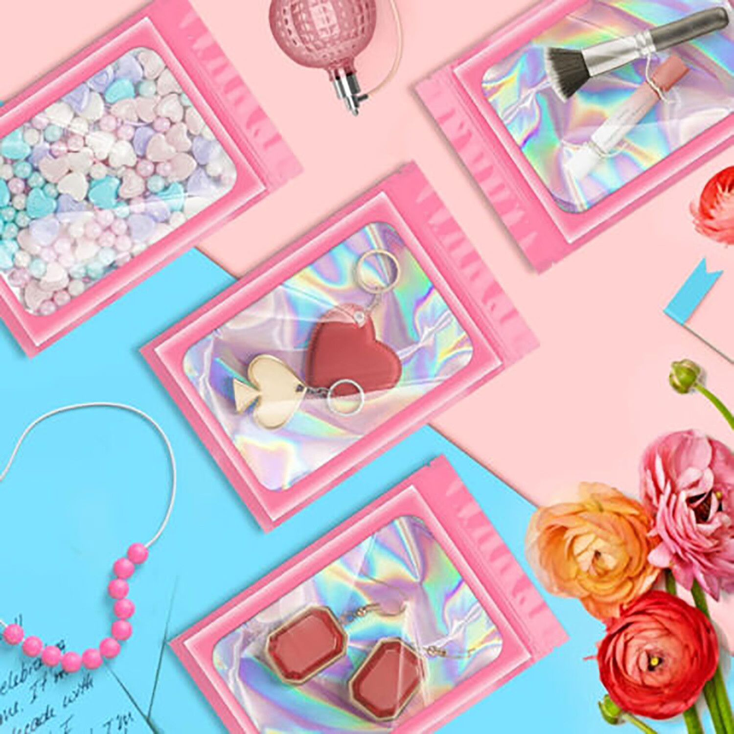 100/200Pcs Holographic Mylar Foil Bags Smell Proof Resealable Zip Seal Pouches